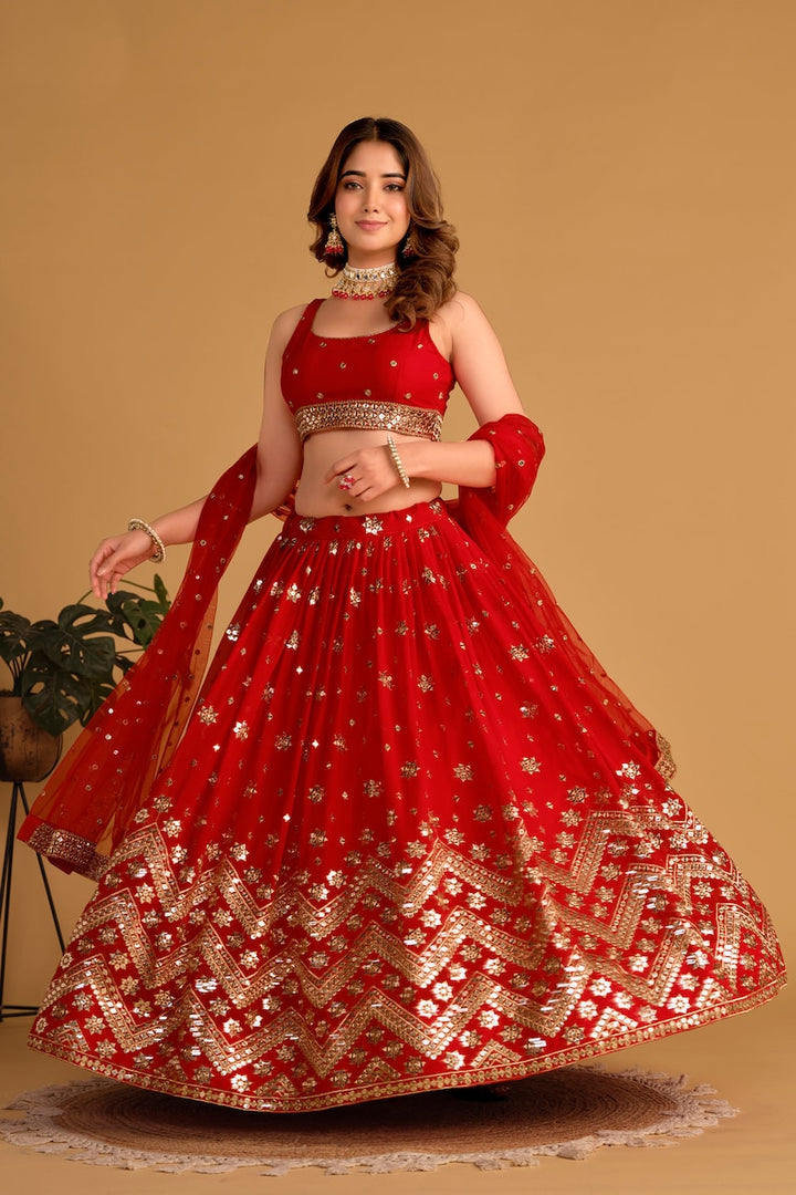 Indian Designer Red Lehenga Choli in Georgette With Sequins Zari Embroidered Work Wedding Lehenga Party Wear Lehenga for women with dupatta  - INSPIRED