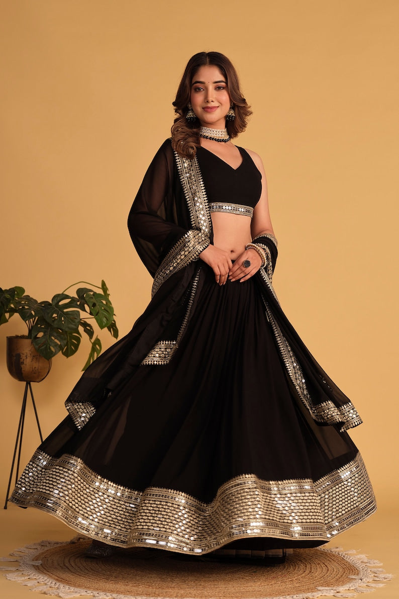 Indian Designer Black Lehenga Choli in Georgette With Sequins Zari Embroidered Work Wedding Lehenga Party Wear Lehenga for women Black Dress  - INSPIRED