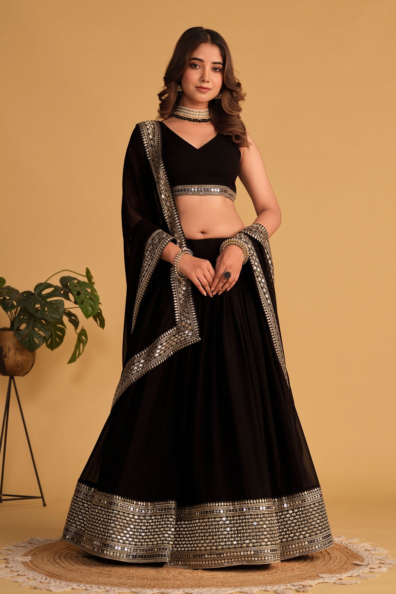 Indian Designer Black Lehenga Choli in Georgette With Sequins Zari Embroidered Work Wedding Lehenga Party Wear Lehenga for women Black Dress  - INSPIRED