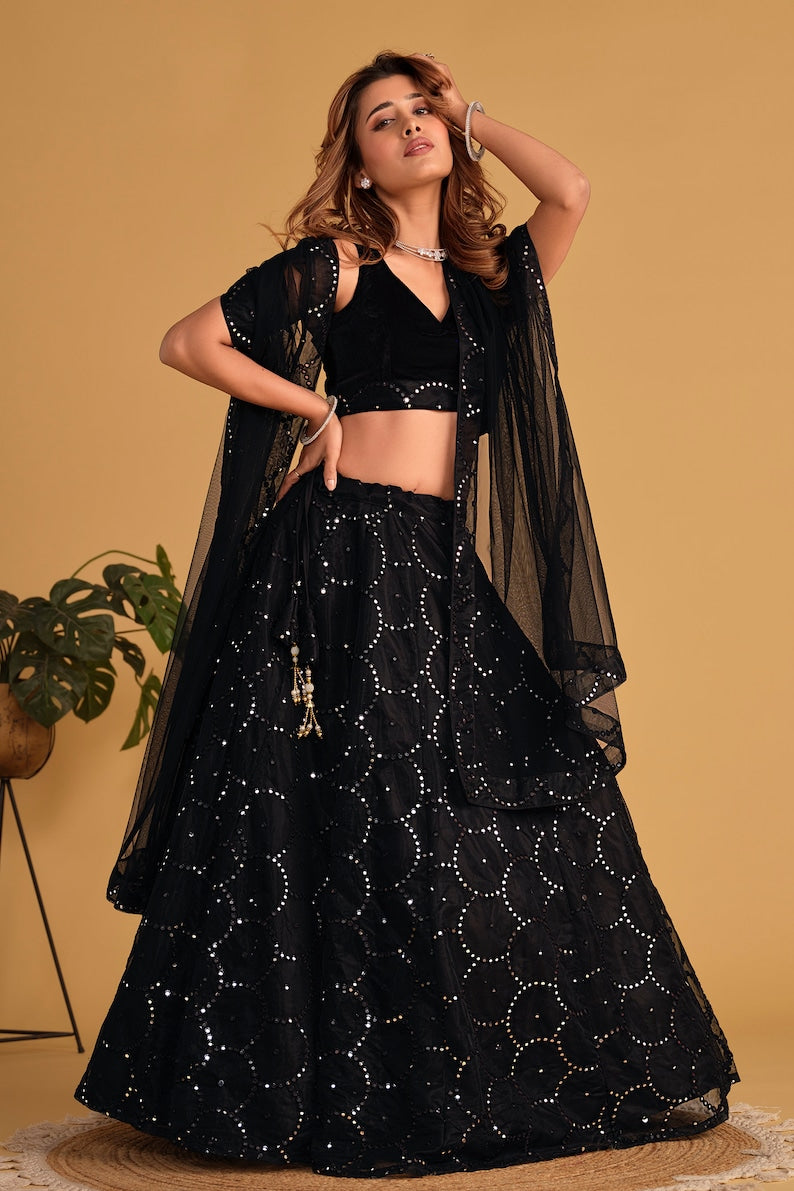 Indian Designer Black Lehenga Choli in Net With Sequins Zari Embroidered Work Wedding Lehenga Party Wear Lehenga for women Black EthnicWear  - INSPIRED