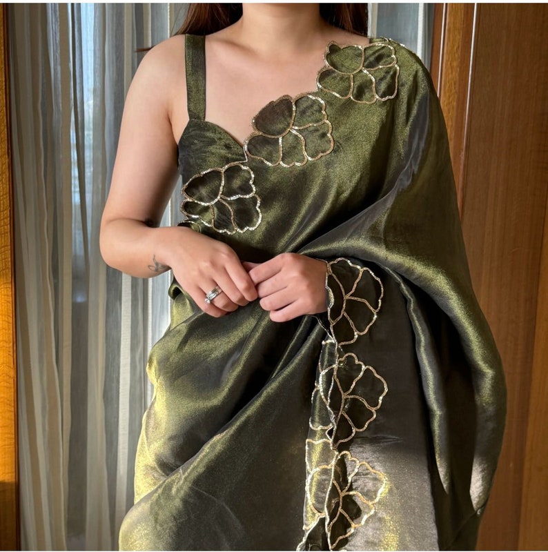 Green Saree With Cutwork Border For Women, Indian Wedding Reception Cocktail Party Wear Saree, Designer Saree For Women  - INSPIRED