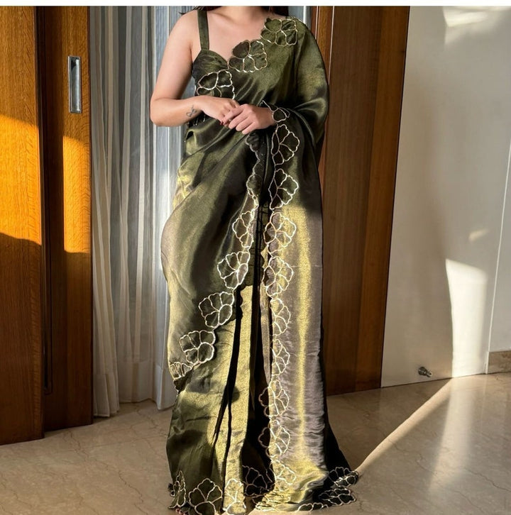 Green Saree With Cutwork Border For Women, Indian Wedding Reception Cocktail Party Wear Saree, Designer Saree For Women  - INSPIRED