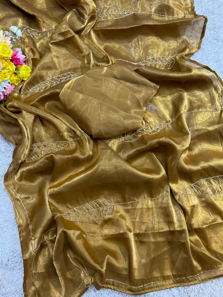 Brownish Gold Saree With Cutdana Handwork For Women, Indian Wedding Reception Cocktail Party Wear Saree, Designer Saree For Women  - INSPIRED