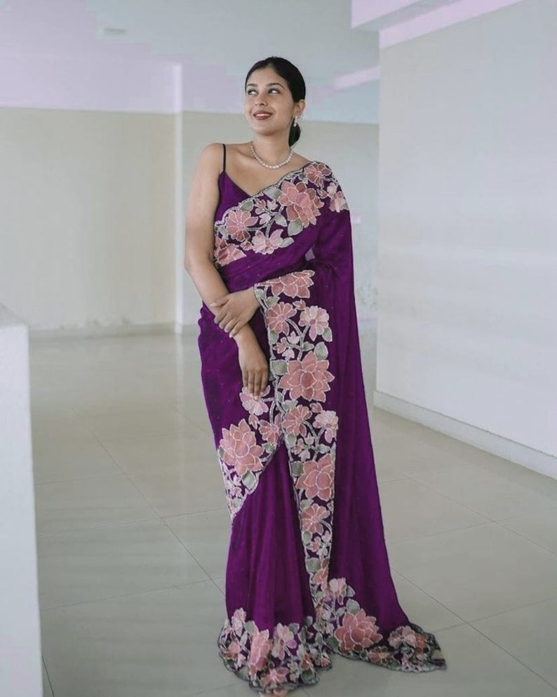 Designer Saree With Floral Border For Women, Indian Wedding Reception Cocktail Party Wear Saree, Designer Saree For Women  - INSPIRED