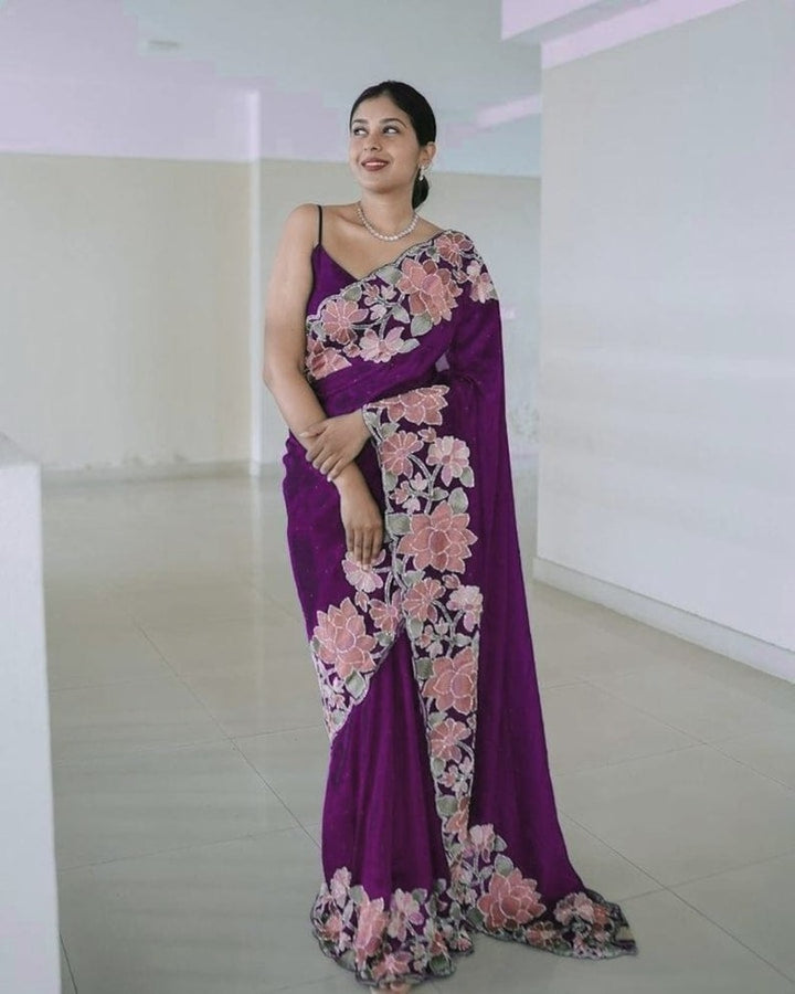 Designer Saree With Floral Border For Women, Indian Wedding Reception Cocktail Party Wear Saree, Designer Saree For Women  - INSPIRED