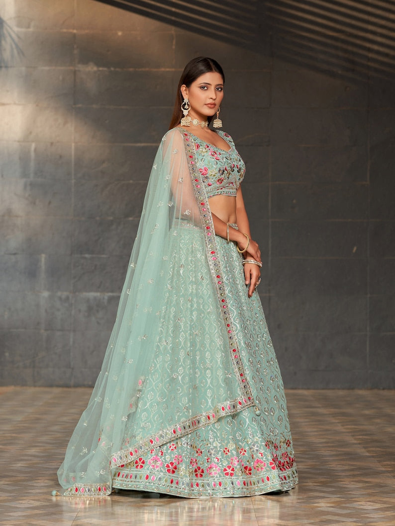 Indian Designer Sky Blue Lehenga Choli  With Zari Sequins Thread Embroidery Work Wedding Lehenga Choli Party Wear Lehenga for girl women  - INSPIRED