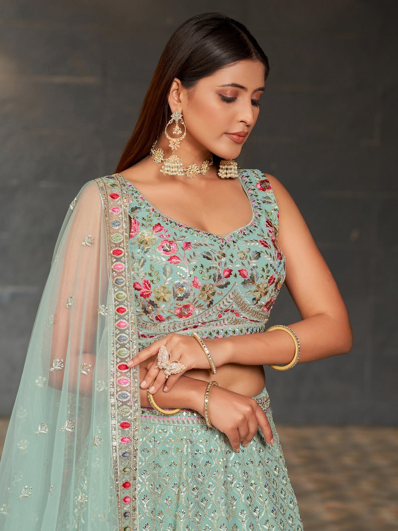 Indian Designer Sky Blue Lehenga Choli  With Zari Sequins Thread Embroidery Work Wedding Lehenga Choli Party Wear Lehenga for girl women  - INSPIRED