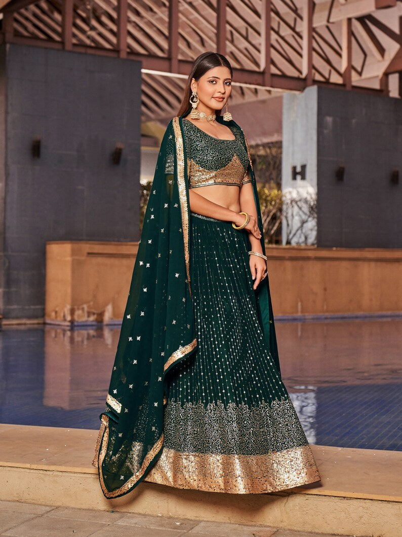 Indian Designer Green Lehenga Choli  With Zari Sequins Thread Embroidery Work Wedding Lehenga Choli Party Wear Lehenga for girl women  - INSPIRED