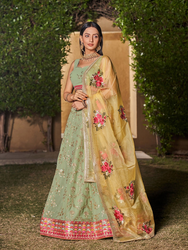 Indian Designer Pista YellowLehenga Choli  With Zari Sequins Thread Embroidery Work Wedding Lehenga Choli Party Wear Lehenga for girl women  - INSPIRED