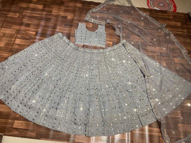 Designer Gray Lehenga Choli In Georgette Embellished With Dori Sequins Embroidery Work - Inspired