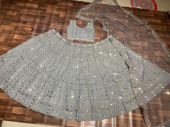 Designer Gray Lehenga Choli In Georgette Embellished With Dori Sequins Embroidery Work - Inspired