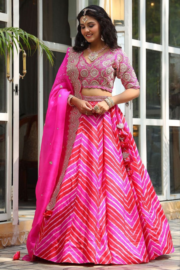 Designer Pink-Red Lehenga Choli In Georgette Embellished With Dori Sequins Embroidery - Inspired