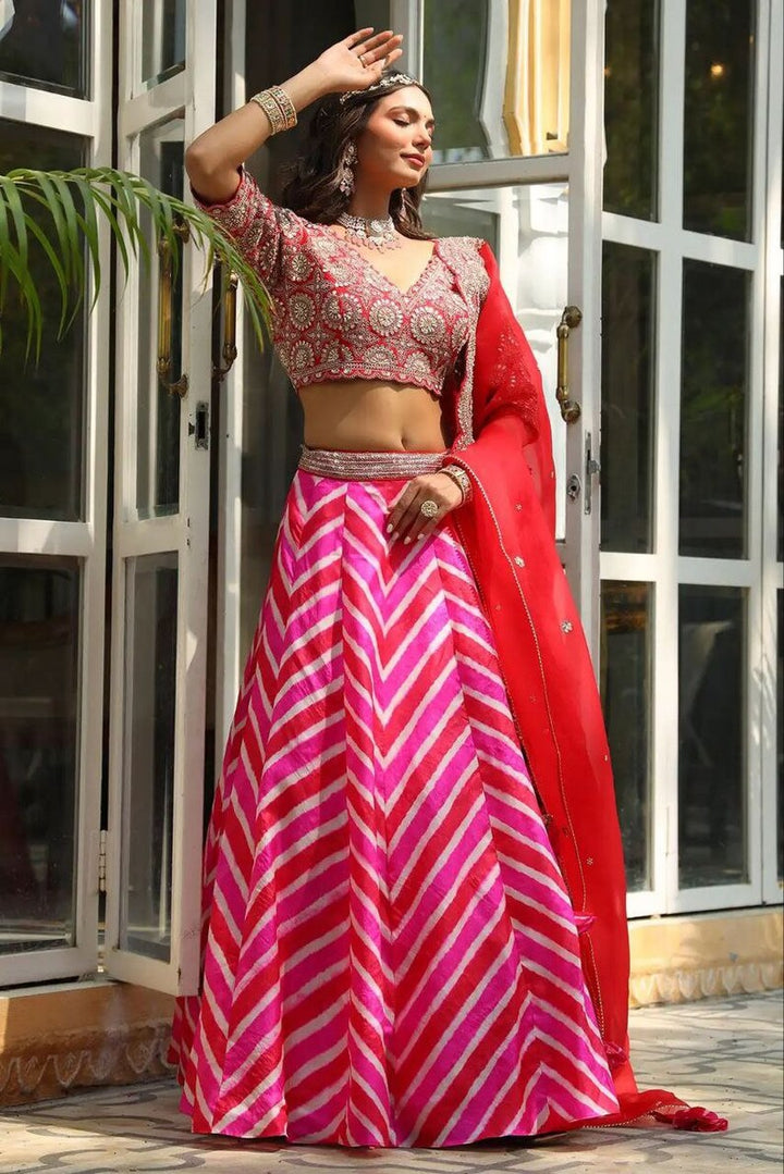 Designer Pink-Red Lehenga Choli In Georgette Embellished With Dori Sequins Embroidery - Inspired