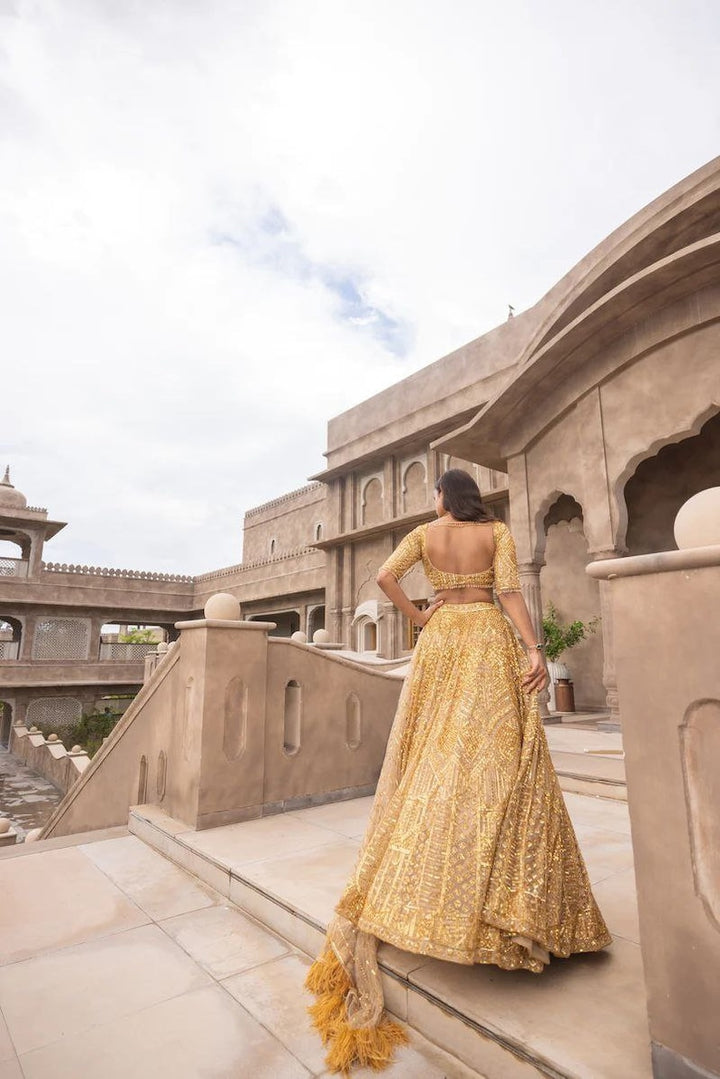 Designer Golden Lehenga Choli In Embellished With Dori Sequins Embroidery Work - Inspired