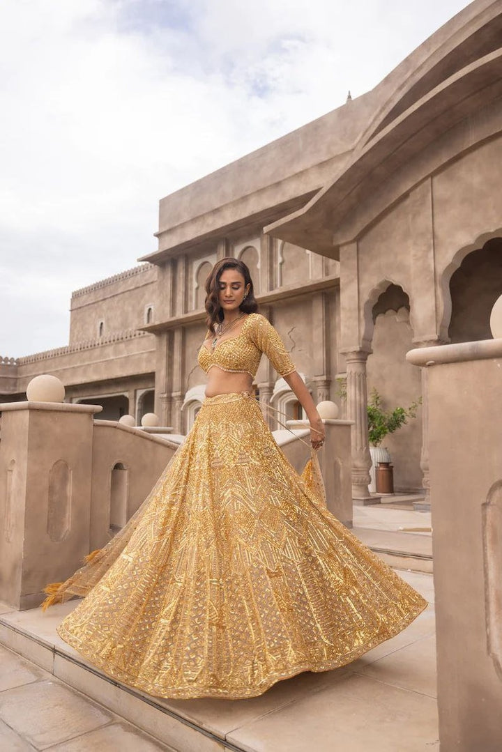 Designer Golden Lehenga Choli In Embellished With Dori Sequins Embroidery Work - Inspired