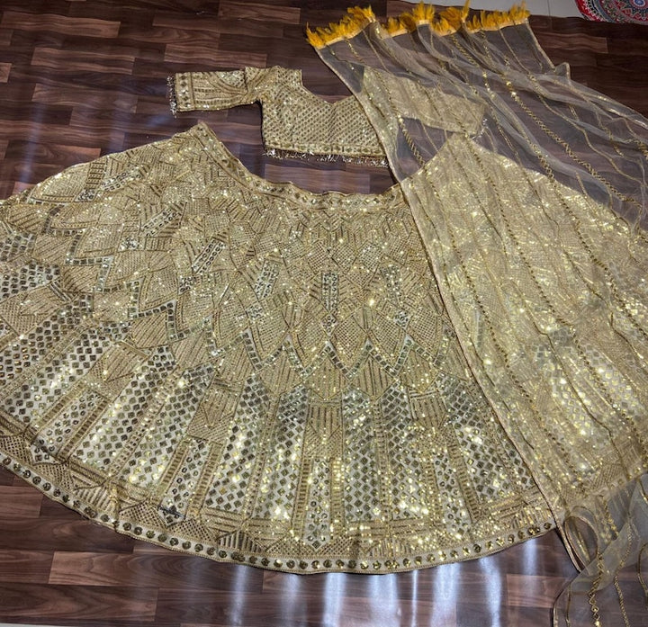 Designer Golden Lehenga Choli In Embellished With Dori Sequins Embroidery Work - Inspired