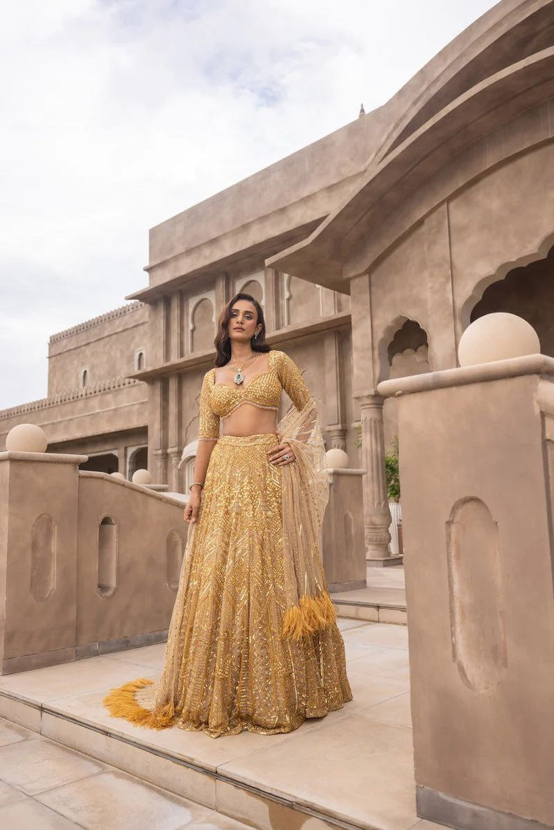 Designer Golden Lehenga Choli In Embellished With Dori Sequins Embroidery Work - Inspired