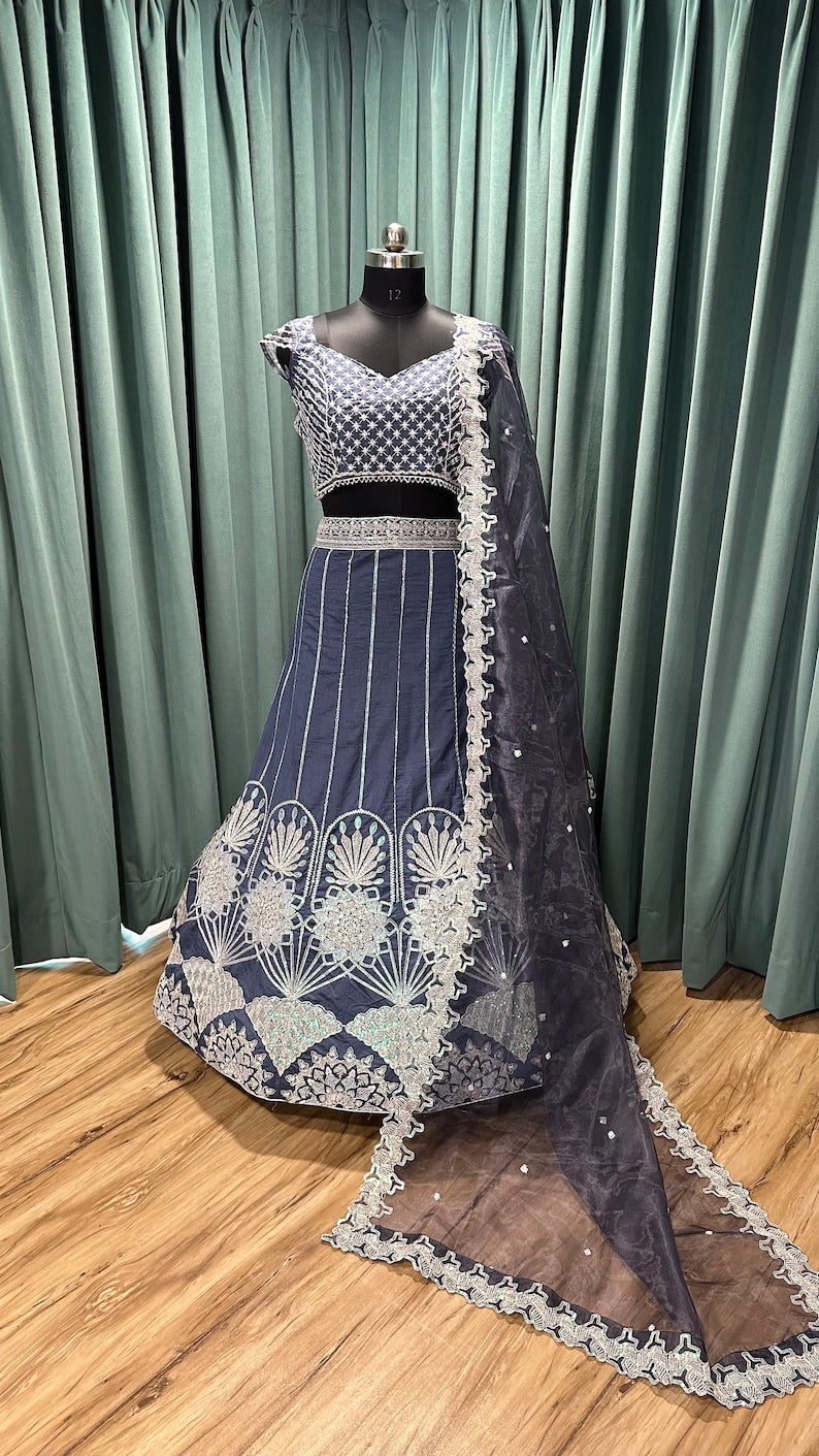 Indian Designer Blue Lehenga Choli In Silk Embellished With Sequins, thread Dori Work Wedding Lehenga Choli Party Wear Lehenga for girl  - INSPIRED