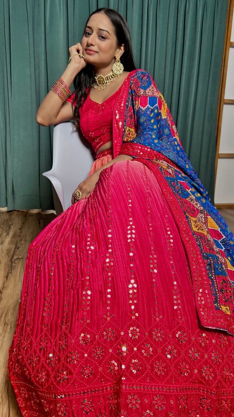 Beautiful pink Chinon silk lehenga choli with intricate sequins & thread embroidery