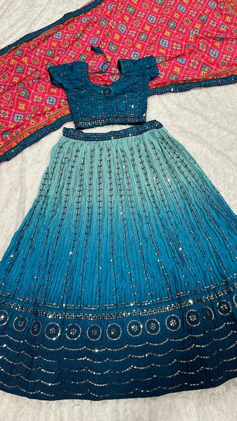 Designer Rama Blue Lehenga Choli In Chinon silk With sequins & thread Embroidery Work Wedding Lehenga Party Wear Lehenga for girl ethnicWear  - INSPIRED