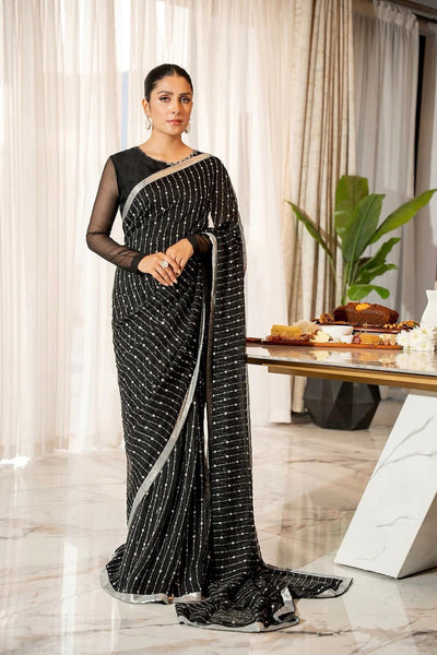 Black Sequins Work Indian Saree For Weddings Reception Cocktail Party Wear, Ready To Wear Pre Stitched Saree For Women  - INSPIRED