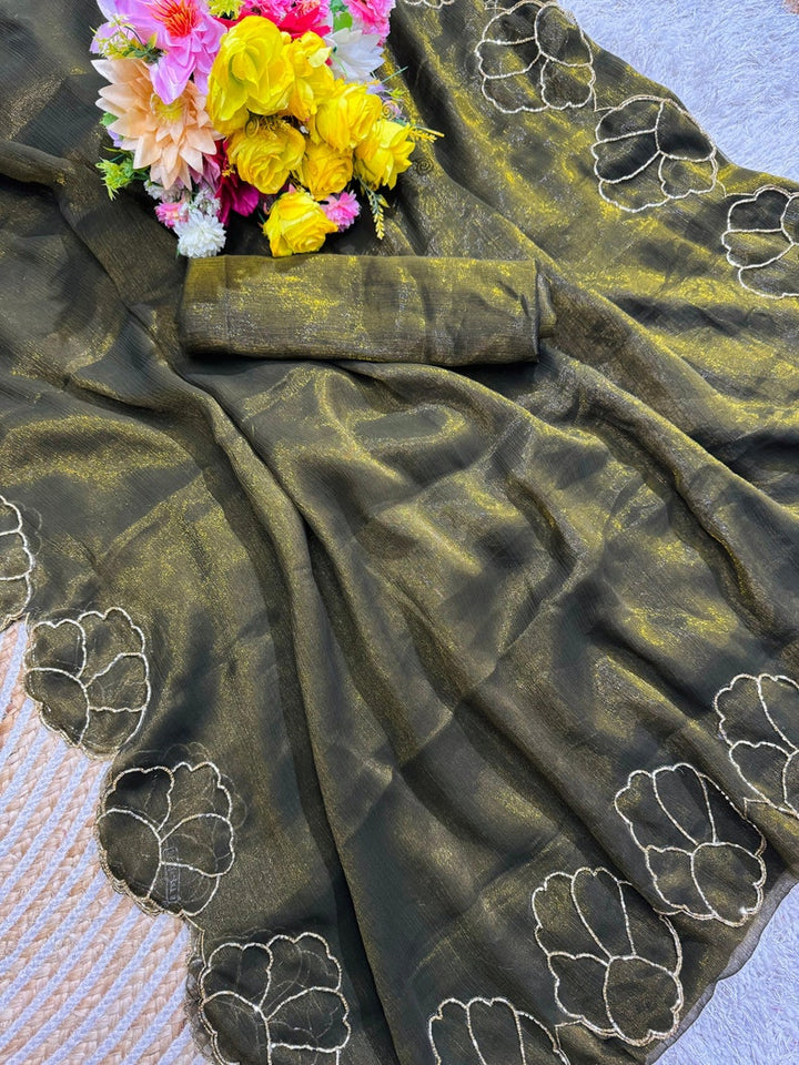 Green Saree With Cutwork Border For Women, Indian Wedding Reception Cocktail Party Wear Saree, Designer Saree For Women  - INSPIRED