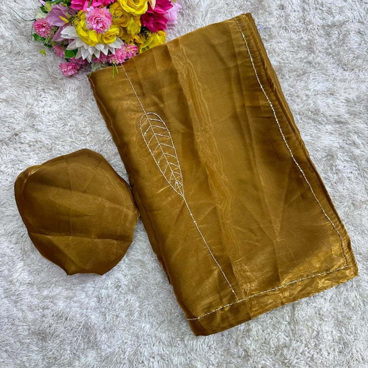 Brownish Gold Saree With Cutdana Handwork For Women, Indian Wedding Reception Cocktail Party Wear Saree, Designer Saree For Women  - INSPIRED