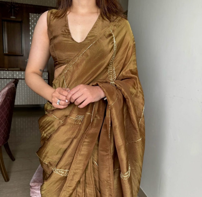 Brownish Gold Saree With Cutdana Handwork For Women, Indian Wedding Reception Cocktail Party Wear Saree, Designer Saree For Women  - INSPIRED