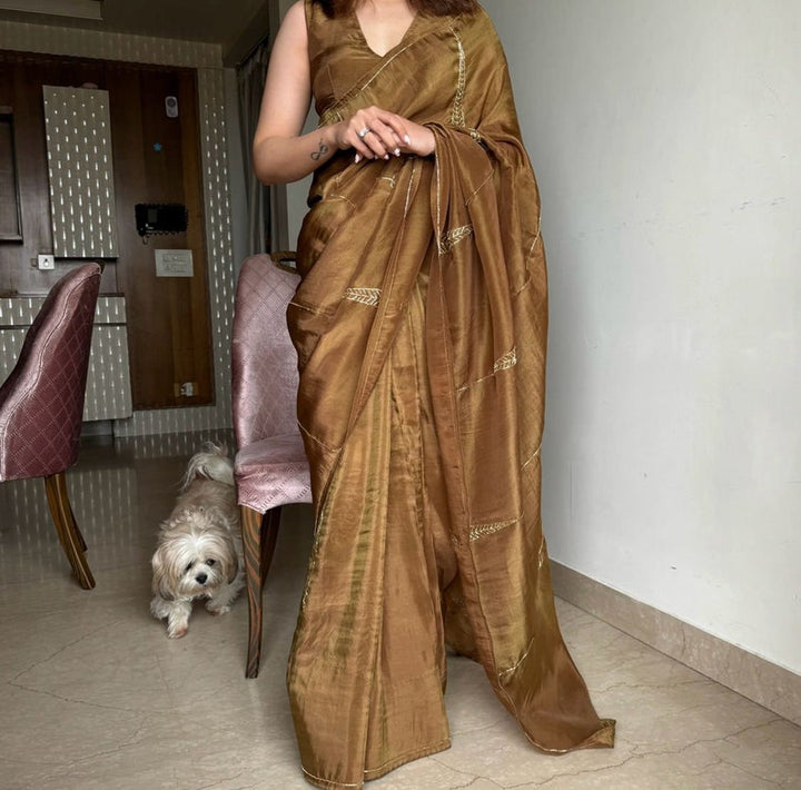 Brownish Gold Saree With Cutdana Handwork For Women, Indian Wedding Reception Cocktail Party Wear Saree, Designer Saree For Women  - INSPIRED