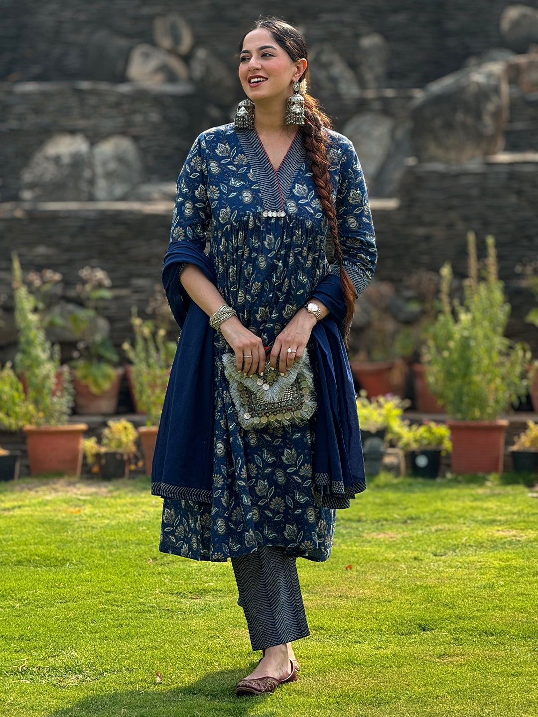 Navy Blue Pure Cotton Floral Printed A-line Kurta Pant With Dupatta Set - qivii