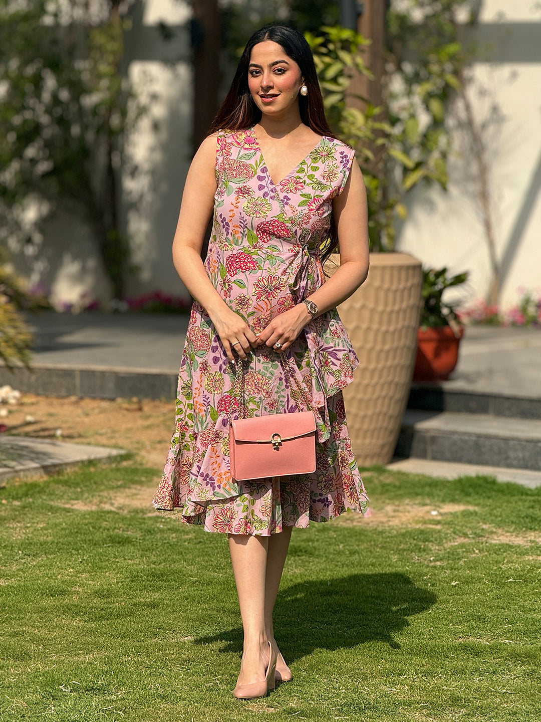 Pink Pure Cotton Floral Printed Tiered Dress - qivii