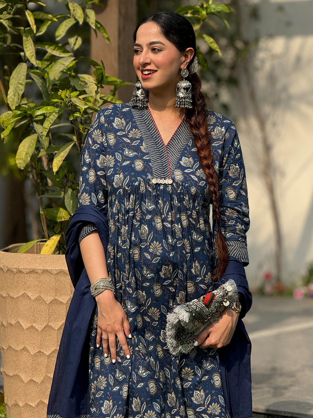 Navy Blue Pure Cotton Floral Printed A-line Kurta Pant With Dupatta Set - qivii