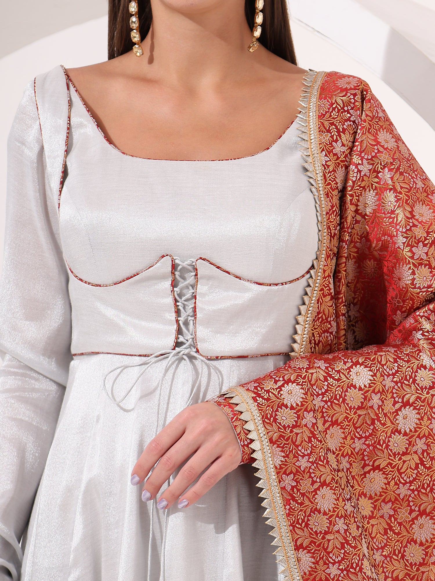 Silver Tissue Anarkali Suit with Brocade Dupatta - qivii