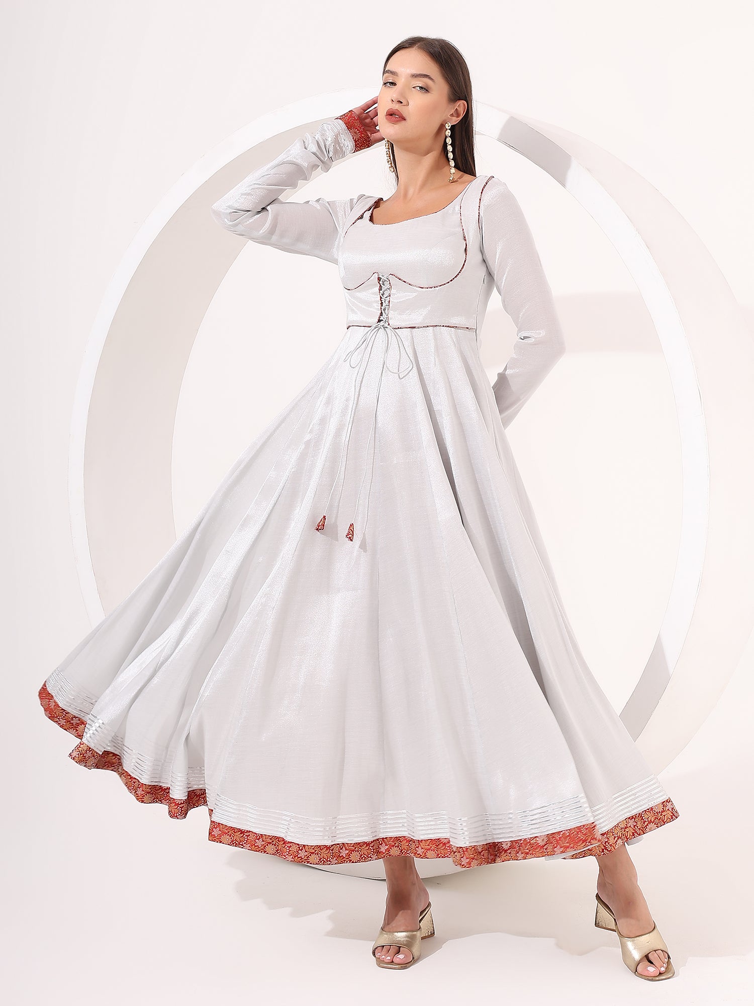 Silver Tissue Anarkali Suit with Brocade Dupatta - qivii