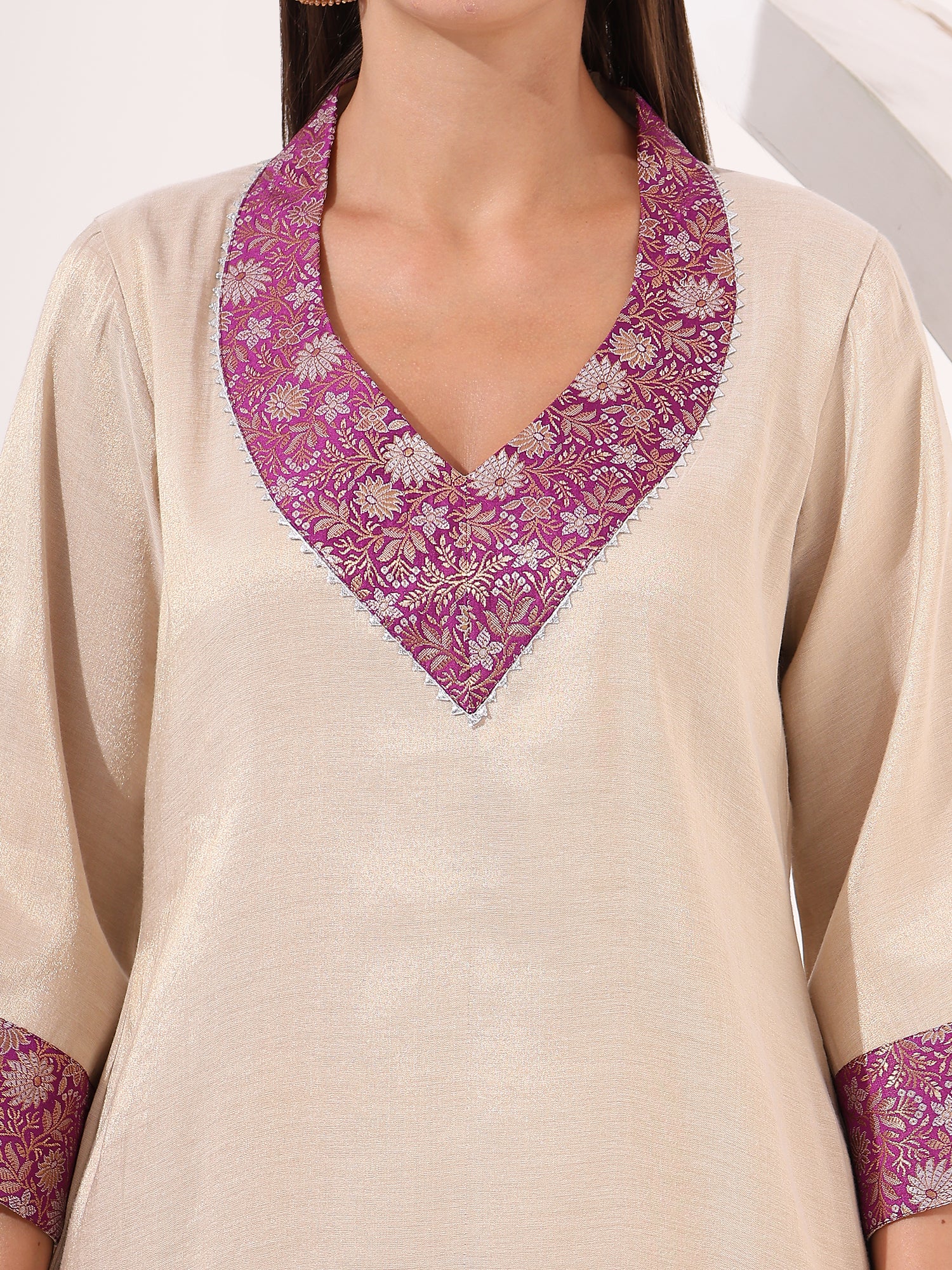 Golden Tissue Straight Kurta Set Suit With Brocade Patch Highlight - qivii