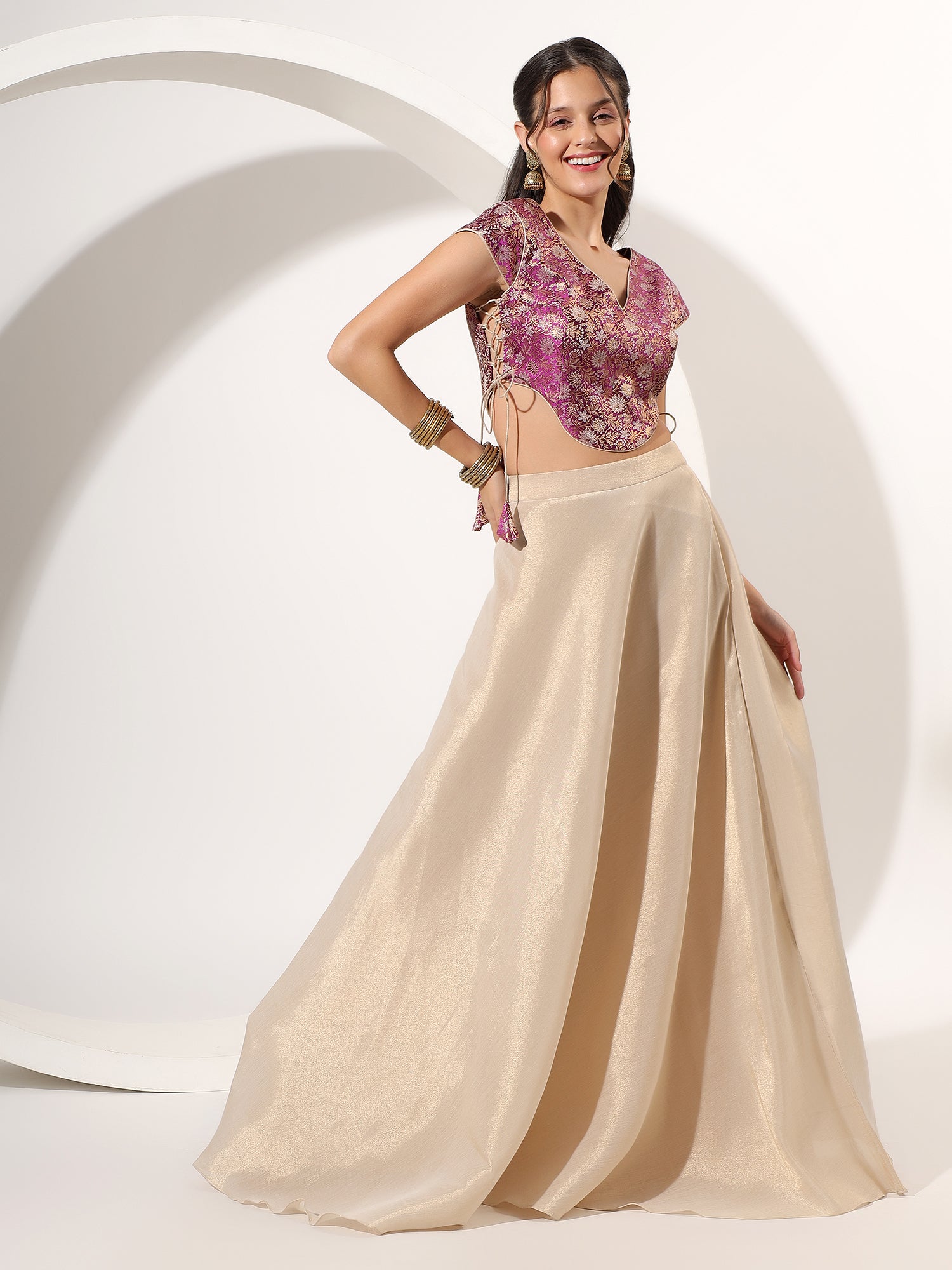 Golden Tissue Skirt With Brocade Designer Blouse - qivii