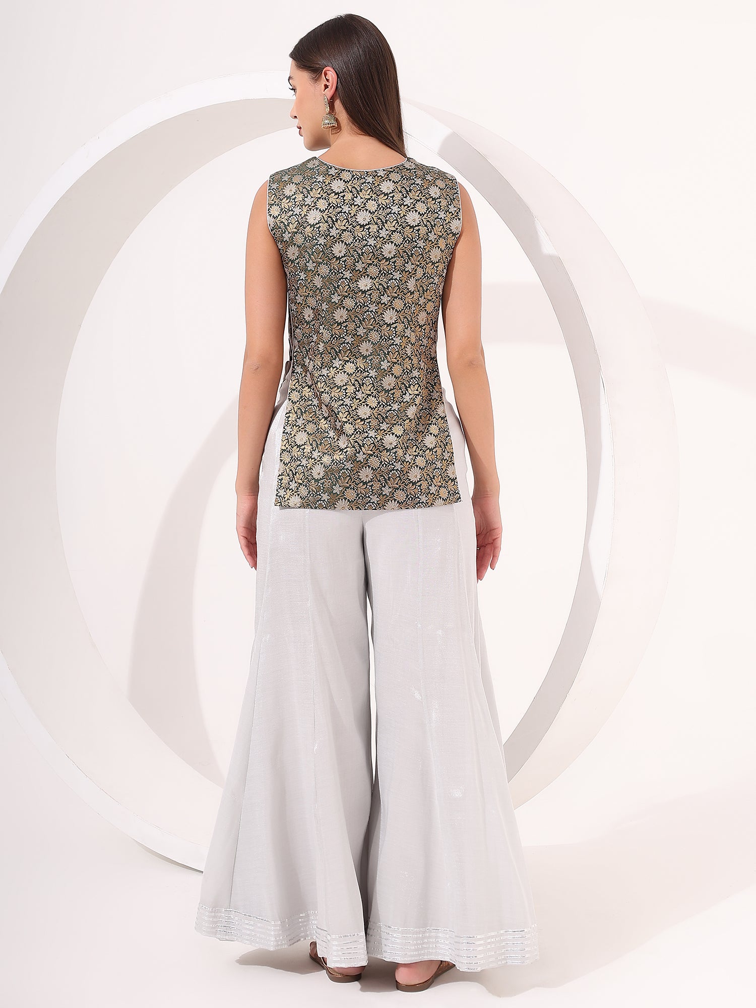 Silver Tissue Skirt With Brocade Designer Blouse - qivii