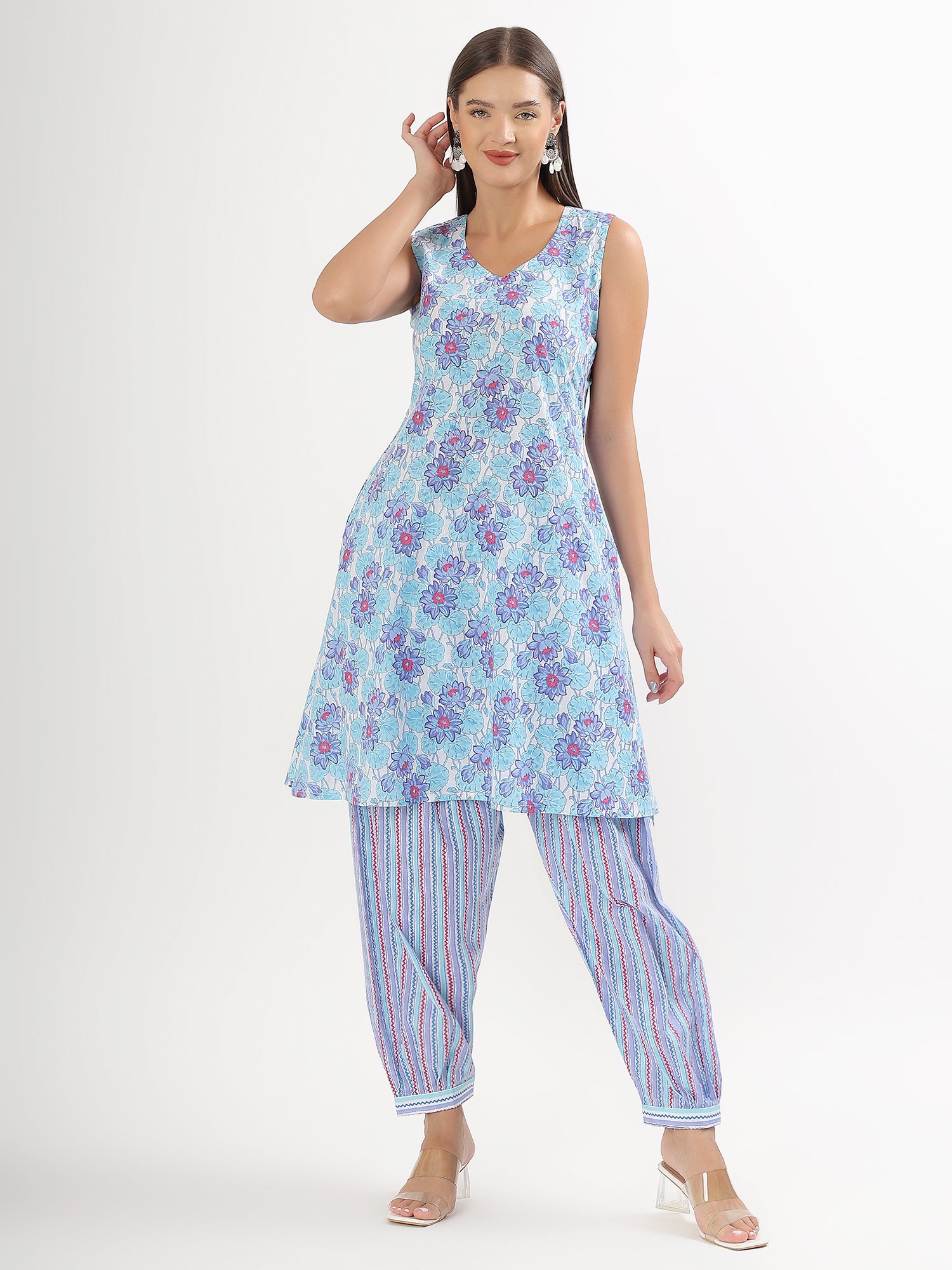 Blue Floral Cotton Kurta Salwar - qivii