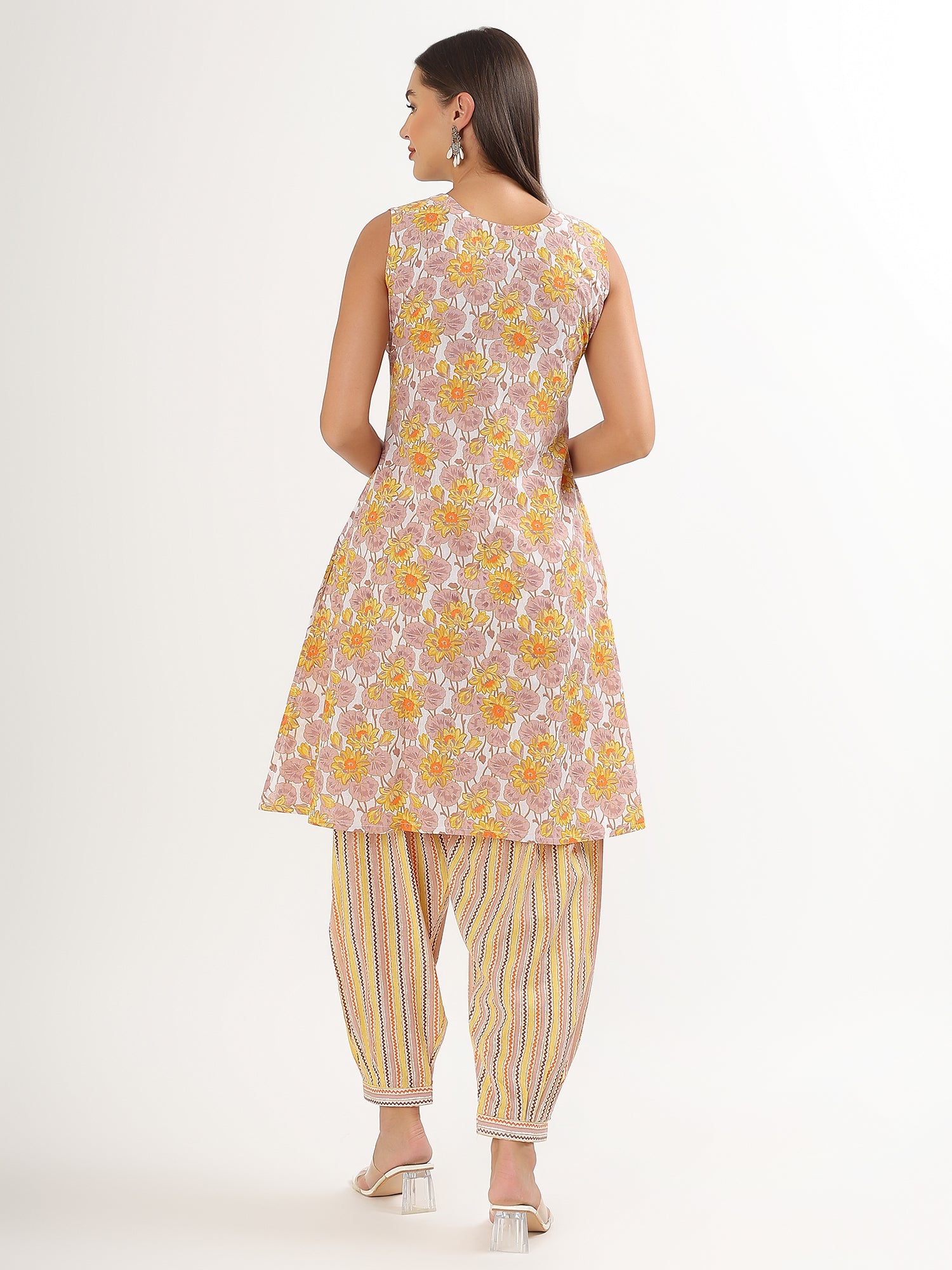 Yellow Floral A-line Kurta Salwar - qivii