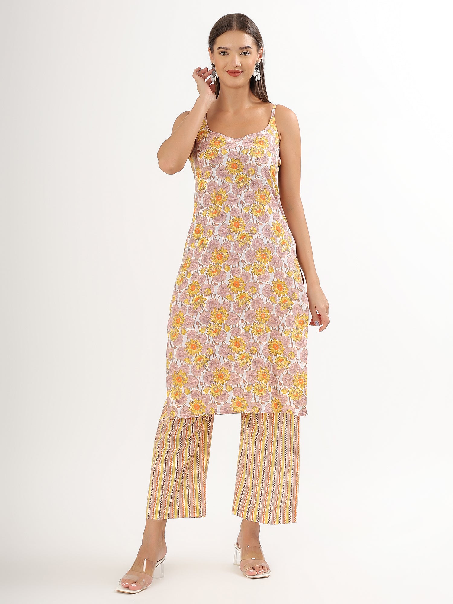 Yellow Floral Straight Kurta Pant - qivii