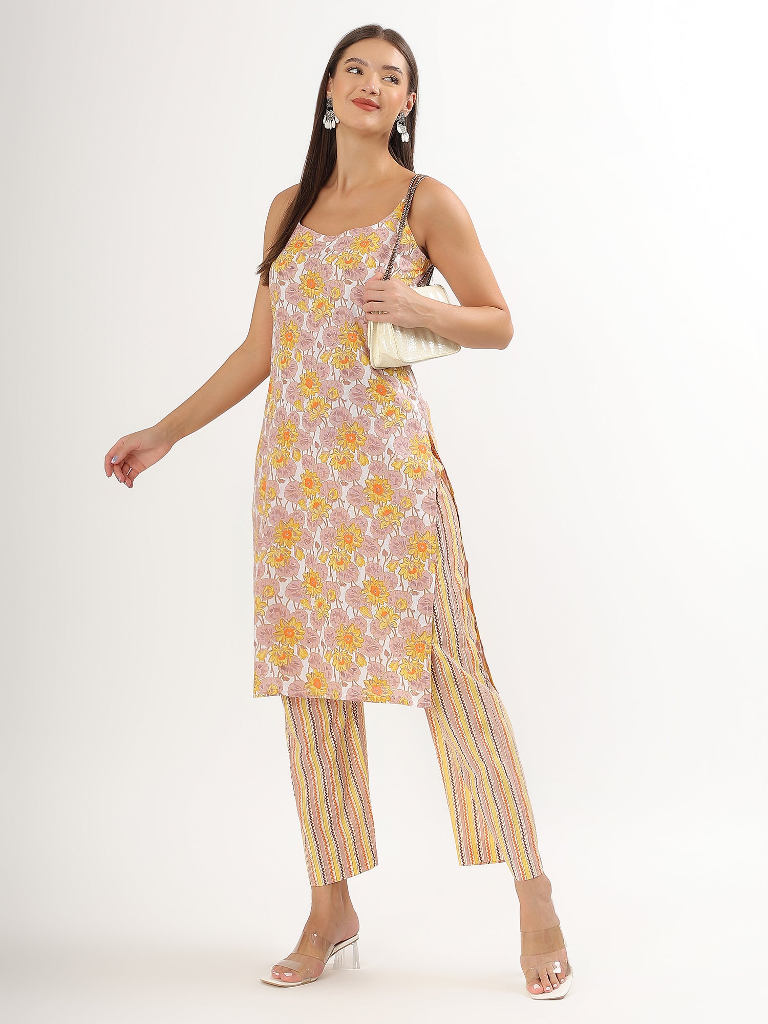 Yellow Floral Straight Kurta Pant - qivii