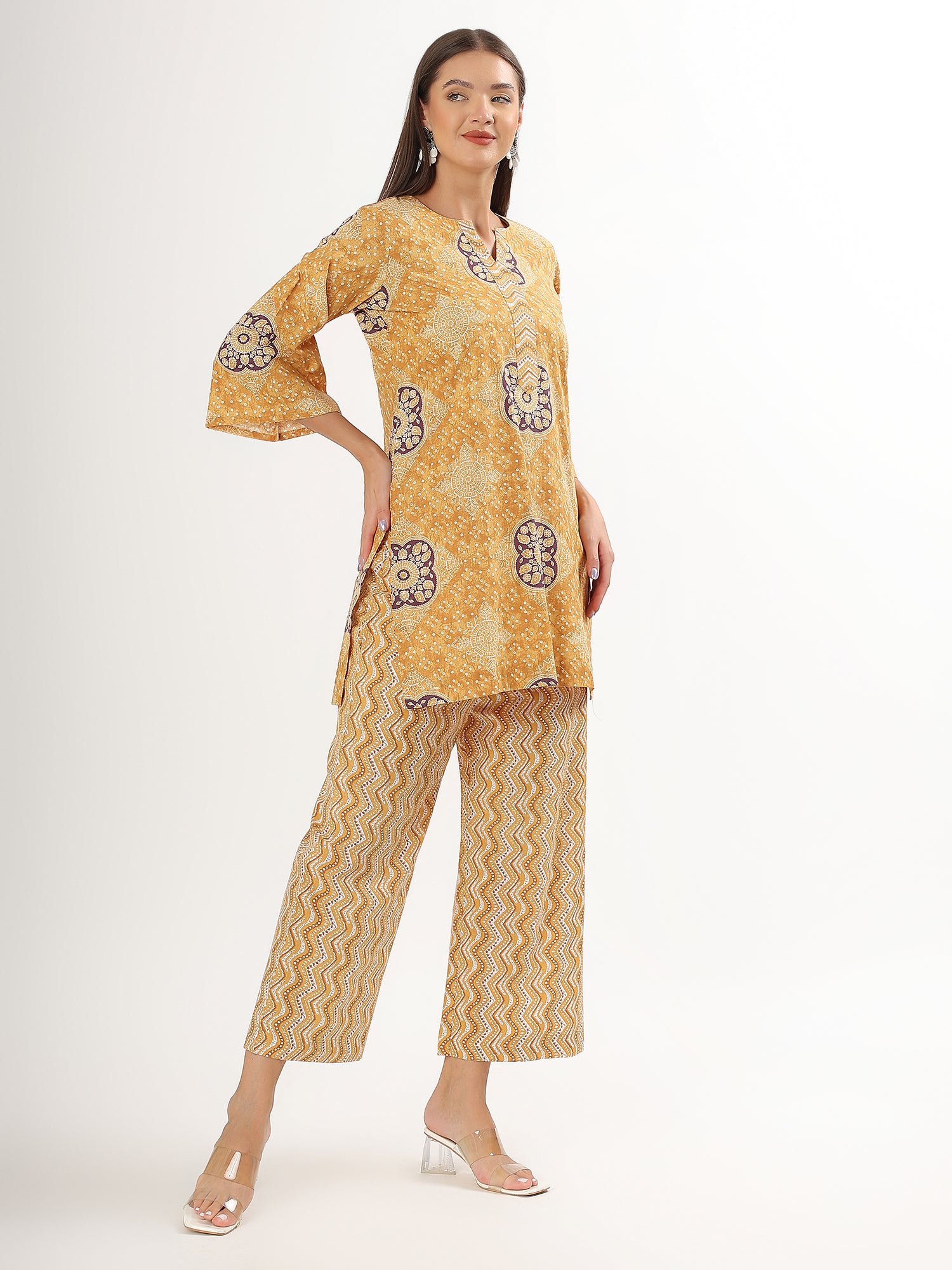 Yellow Floral Short Kurta Pant Co-ord Set - qivii