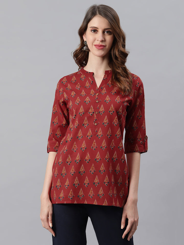 Red Cotton Ethnic Motifs Straight Tunic  - By Janasya