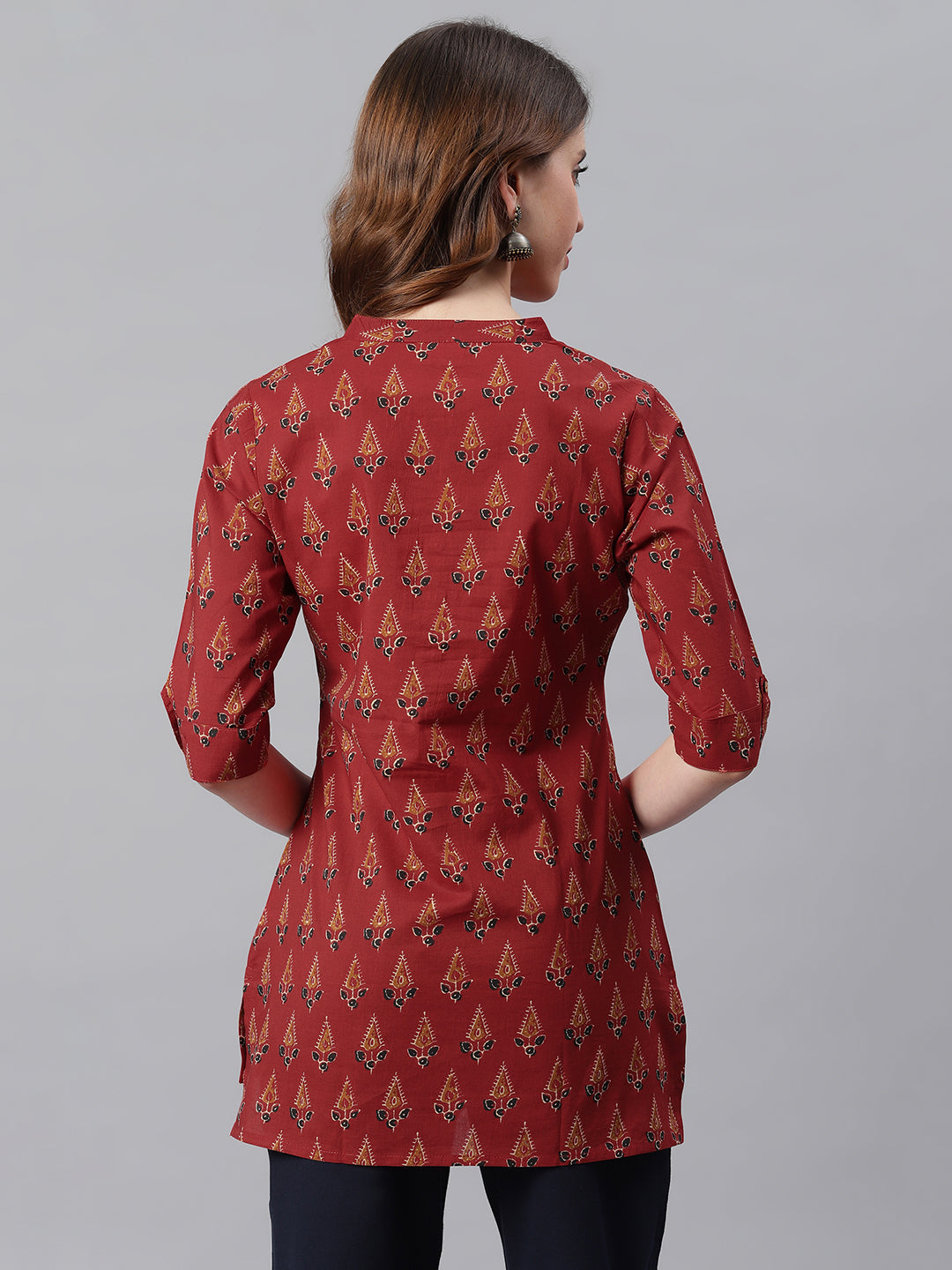 Red Cotton Ethnic Motifs Straight Tunic  - By Janasya