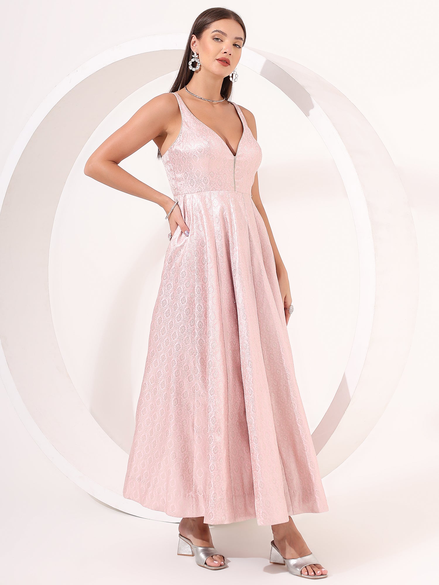 Baby Pink Silver Brocade Anarkali Gown - qivii