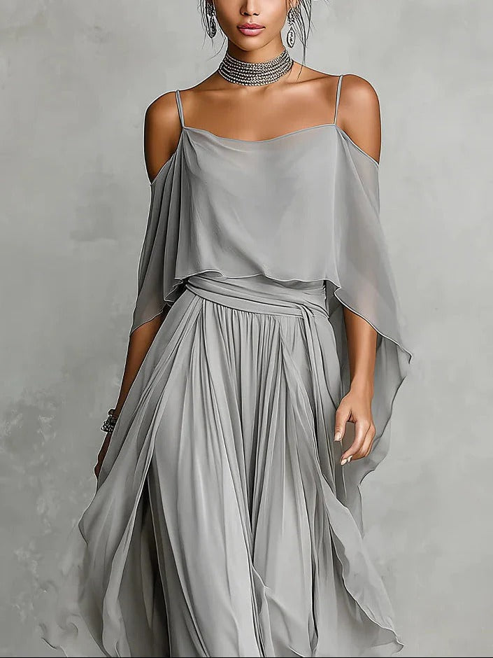 Isabela | Gray fluid set with spaghetti strap top and lightweight pants by Qivii