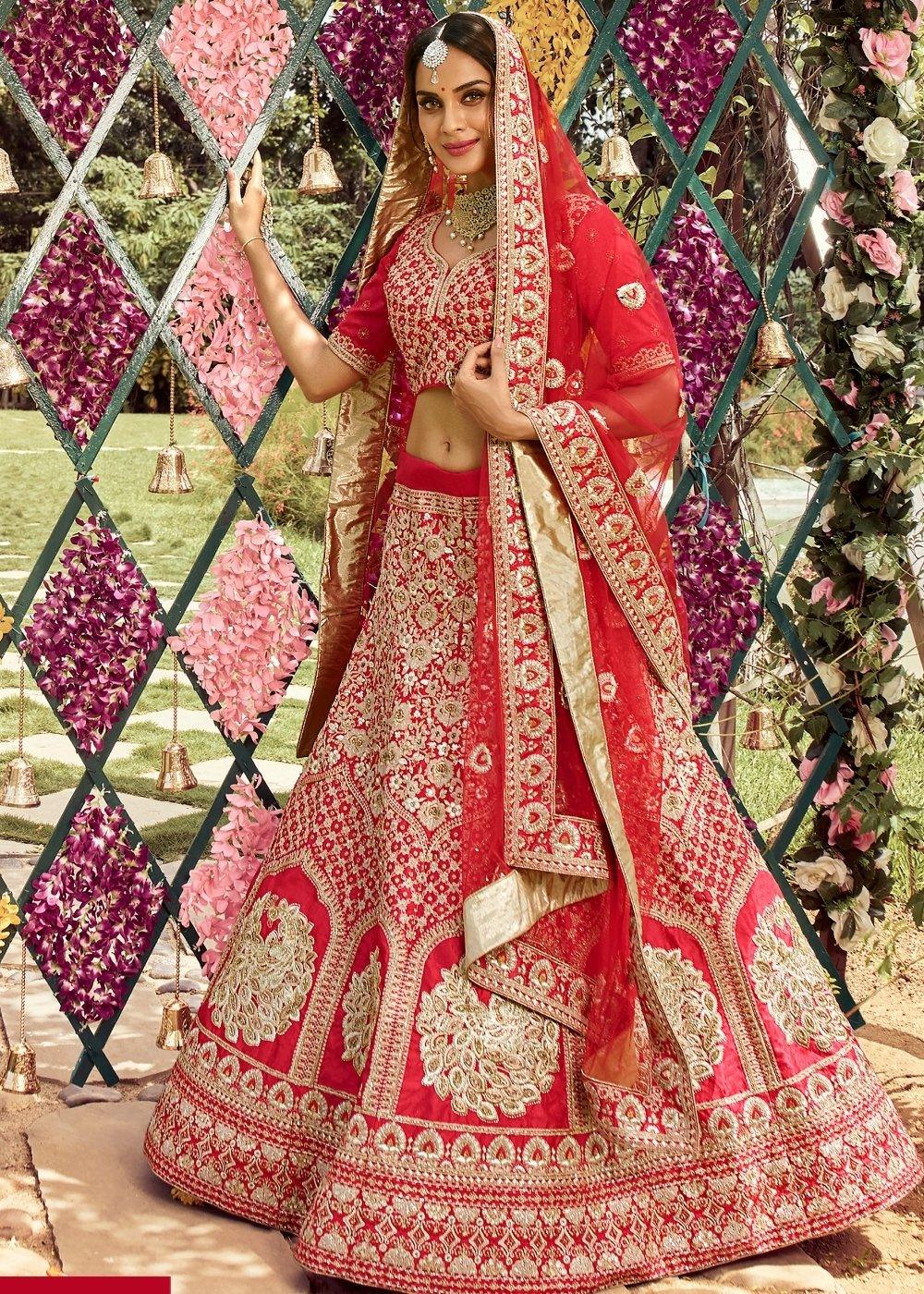 Imperial Red Raw Silk Lehenga Choli with Zari, Zarkan & Dori work - qivii