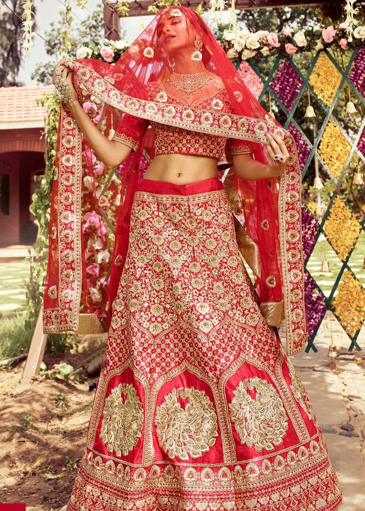 Imperial Red Raw Silk Lehenga Choli with Zari, Zarkan & Dori work - qivii