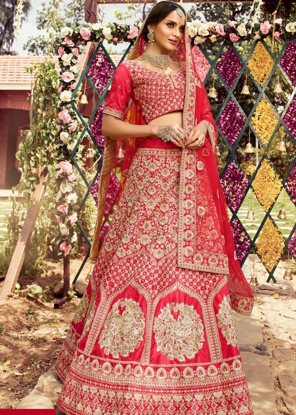 Imperial Red Raw Silk Lehenga Choli with Zari, Zarkan & Dori work - qivii