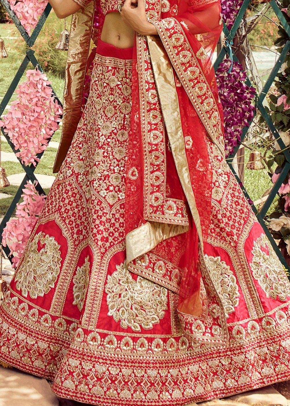 Imperial Red Raw Silk Lehenga Choli with Zari, Zarkan & Dori work - qivii